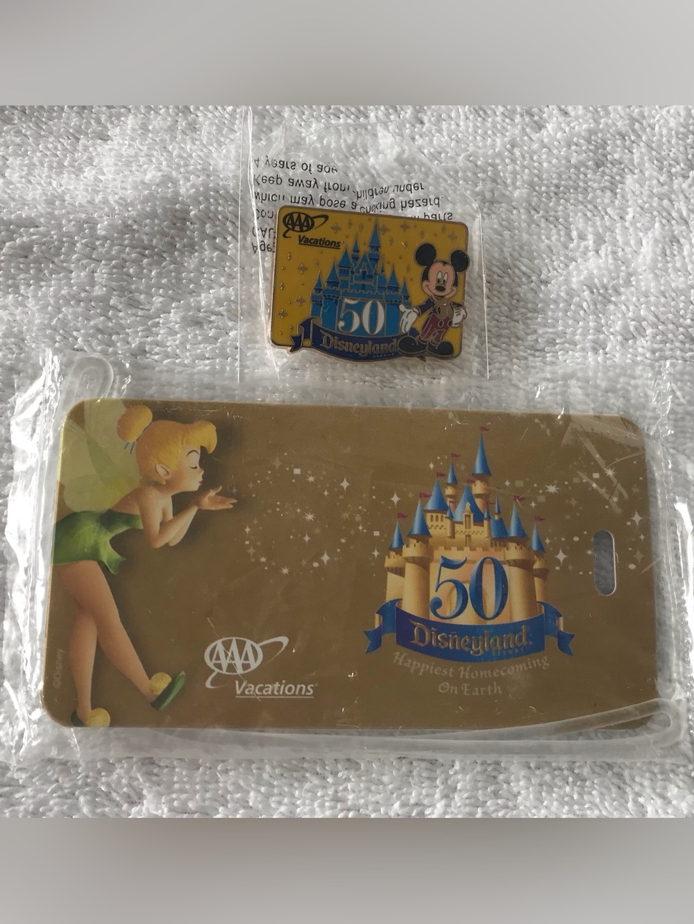 New Set Disneyland Tinker Bell 50th Anniversary Luggage Tag & Mickey Mouse Pin